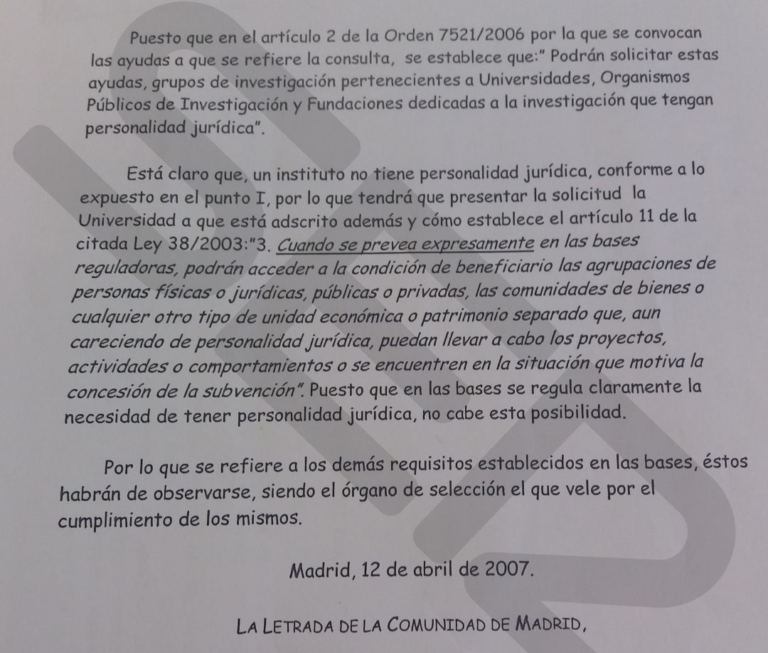 Primer informe de los servicios jurídicos de la Comunidad de Madrid que niega la personalidad jurídica del IDP Primer informe de los servicios jurídicos de la Comunidad de Madrid que niega la personalidad jurídica del IDP