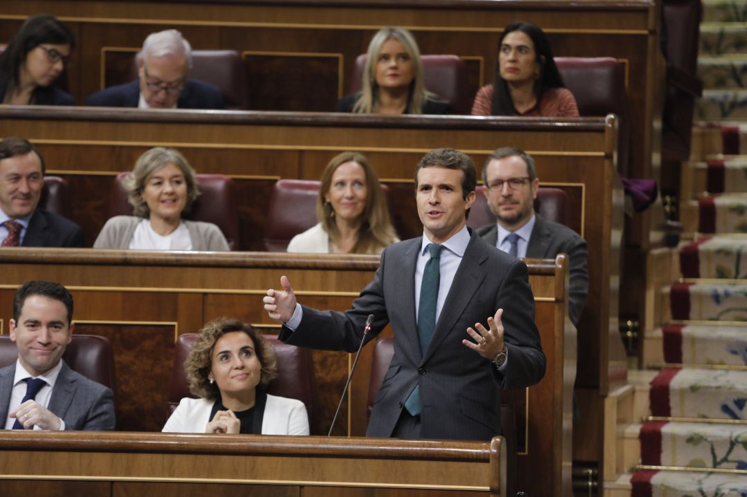 El presidente del Partido Popular, Pablo Casado, interviene en la sesión de control al Gobierno en el Congreso. El presidente del Partido Popular, Pablo Casado, interviene en la sesión de control al Gobierno en el Congreso.