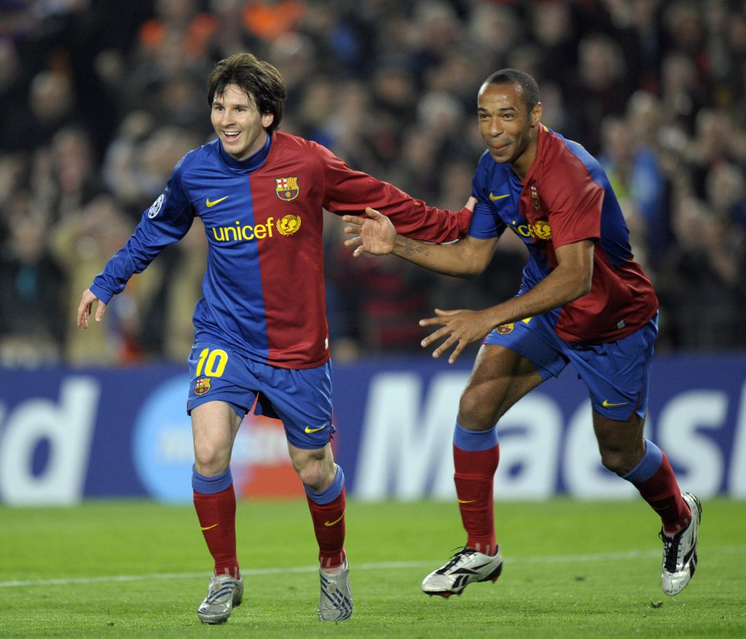 Thierry Henry y Leo Messi celebran un gol juntos con el FC Barcelona. Thierry Henry y Leo Messi celebran un gol juntos con el FC Barcelona.