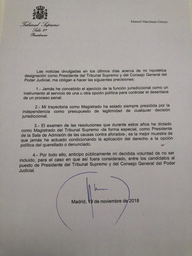 El juez Marchena renuncia a presidir el Poder Judicial y defiende su independencia El juez Marchena renuncia a presidir el Poder Judicial y defiende su independencia