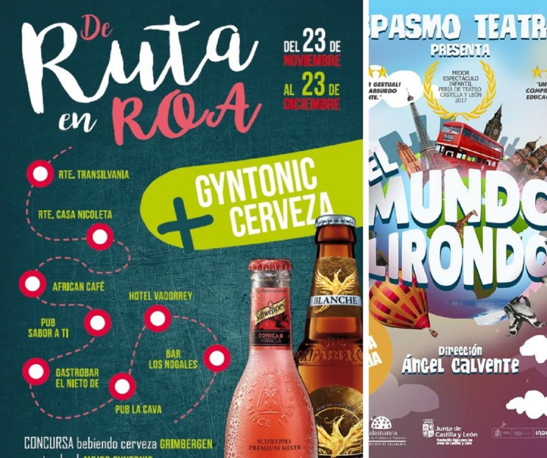 El cartel que promociona la ruta de Cerveza y Gin Tonic, 'De Ruta en Roa' (i) y el de la obra de teatro 'El Mundo Lirondo'. El cartel que promociona la ruta de Cerveza y Gin Tonic, 'De Ruta en Roa' (i) y el de la obra de teatro 'El Mundo Lirondo'.