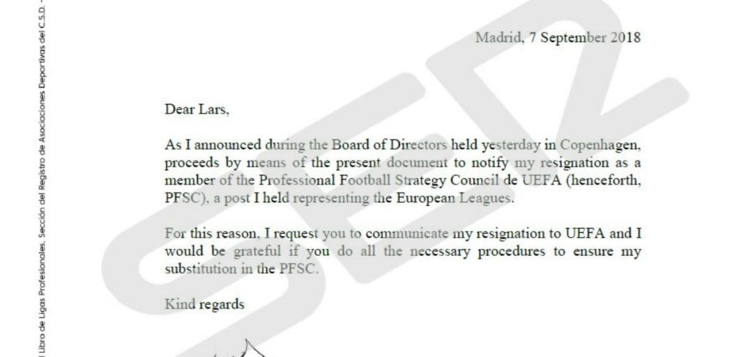 Carta de Javier Tebas a la UEFA Carta de Javier Tebas a la UEFA