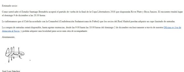 El mail que el Real Madrid ha enviado a los socios El mail que el Real Madrid ha enviado a los socios
