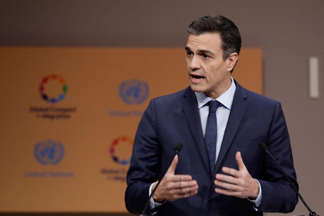 El presidente del Gobierno español, Pedro Sánchez, pronuncia su discurso durante la conferencia intergubernamental de la ONU organizada en la ciudad marroquí de Marrakech El presidente del Gobierno español, Pedro Sánchez, pronuncia su discurso durante la conferencia intergubernamental de la ONU organizada en la ciudad marroquí de Marrakech