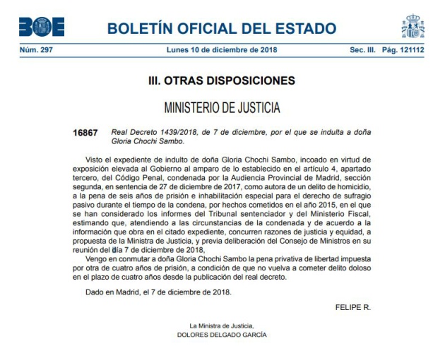 Página del BOE en la que está recogido el indulto a Gloria Choci. Página del BOE en la que está recogido el indulto a Gloria Choci.