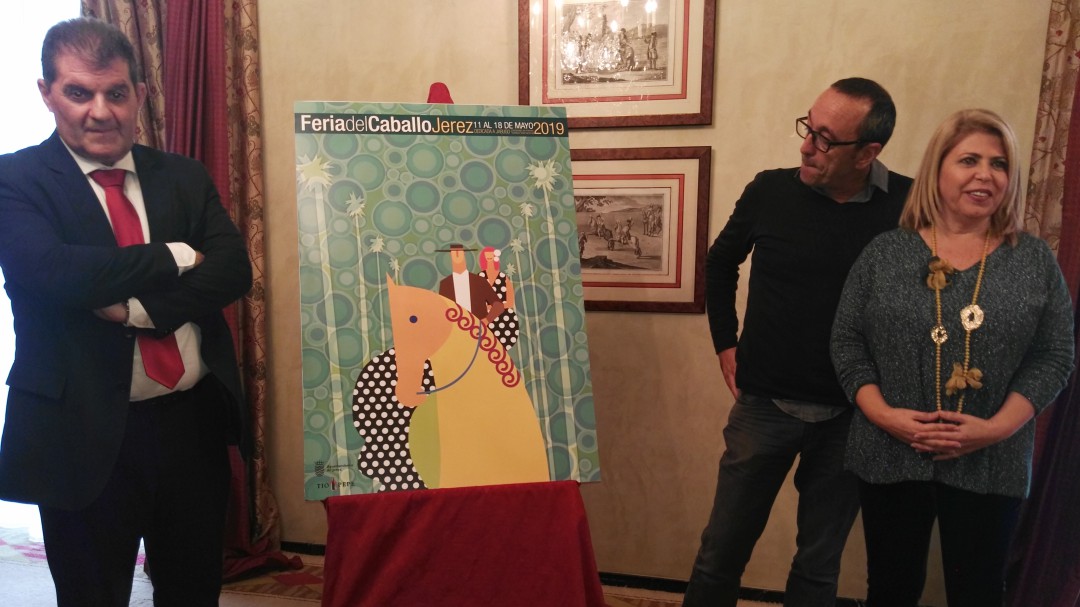 Un caballo con un jinete y una flamenca a la grupa ilustran el cartel de la Feria del Caballo 2019