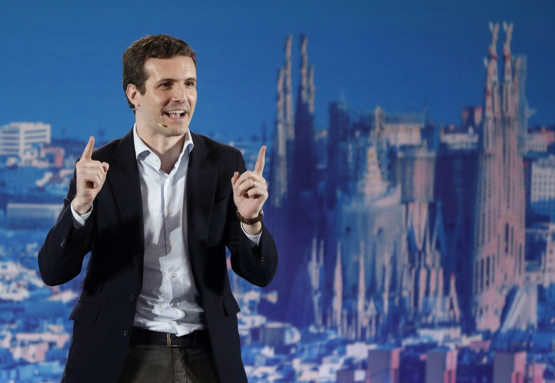 El presidente del Partido Popular, Pablo Casado, durante su intervención en el acto de presentación hoy en Barcelona de los candidatos del PPC a las alcaldías El presidente del Partido Popular, Pablo Casado, durante su intervención en el acto de presentación hoy en Barcelona de los candidatos del PPC a las alcaldías