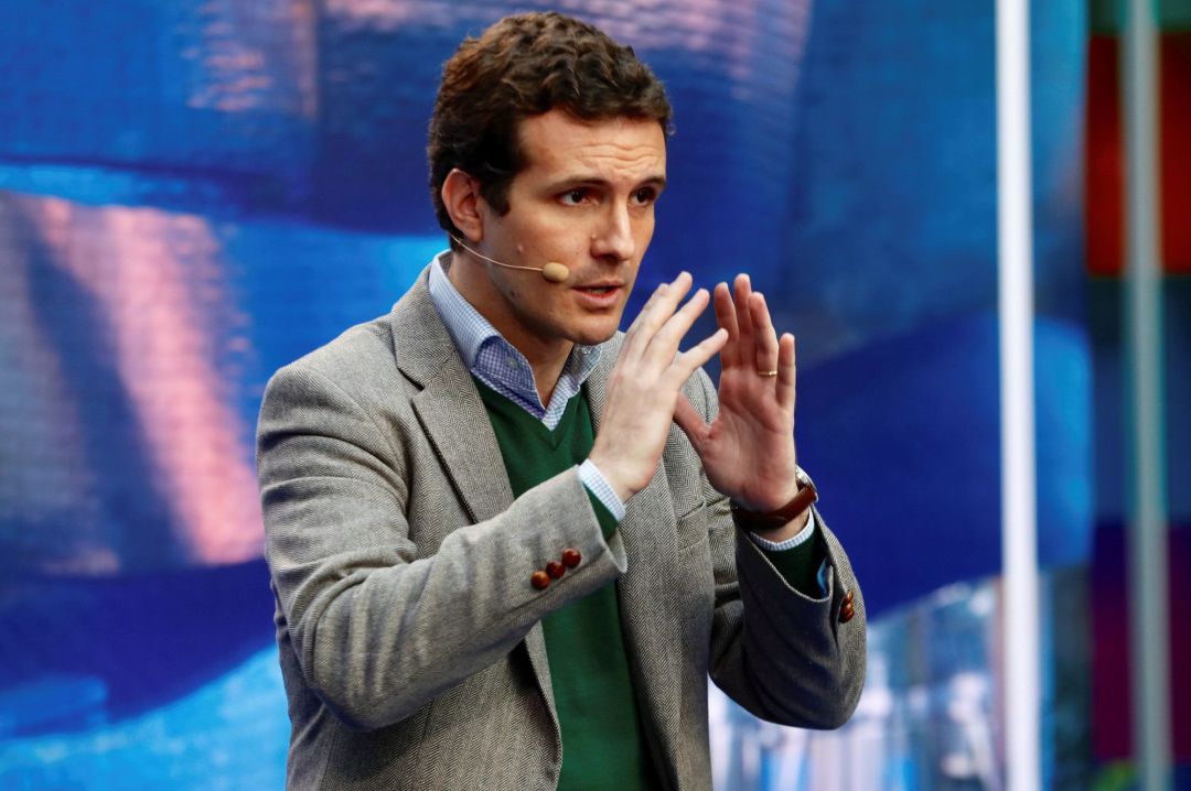 El presidente del PP, Pablo Casado, durante el mitin de presentación de candidatos de su partido a las elecciones locales y forales celebrado hoy en Vitoria El presidente del PP, Pablo Casado, durante el mitin de presentación de candidatos de su partido a las elecciones locales y forales celebrado hoy en Vitoria