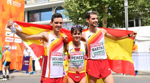 Diego García, María Pérez y Álvaro Martín, tras conquistar las medallas en 20 kilómetros marcha en Berlín Diego García, María Pérez y Álvaro Martín, tras conquistar las medallas en 20 kilómetros marcha en Berlín