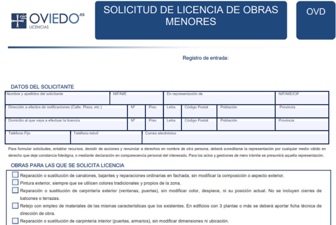 Impreso actual de solicitud de licencia de obra menor en el Ayuntamiento de Oviedo. Impreso actual de solicitud de licencia de obra menor en el Ayuntamiento de Oviedo.