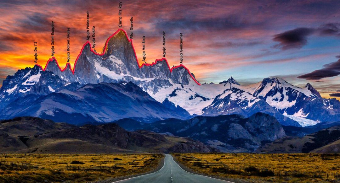 Ruta prevista por Pedro Cifuentes en las montañas del Fitz Roy. Ruta prevista por Pedro Cifuentes en las montañas del Fitz Roy.