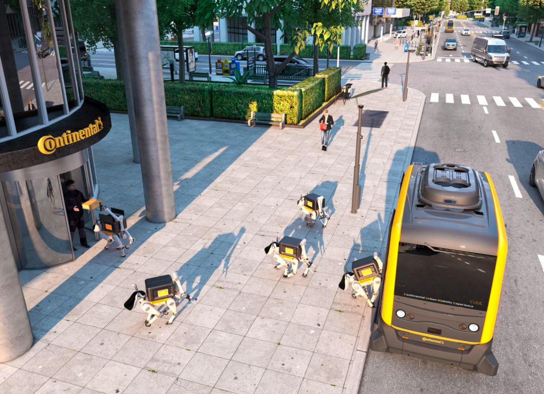 Los perros robóticos saliendo de un vehículo autónomo de Continental. Los perros robóticos saliendo de un vehículo autónomo de Continental.