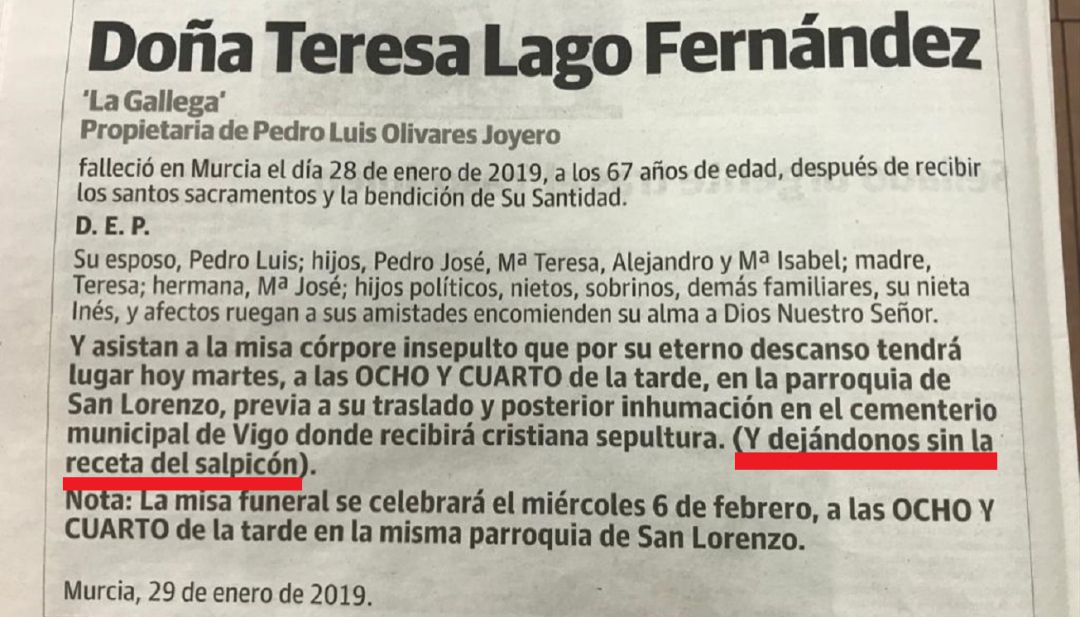 Imagen de a esquela publicada en La Verdad del martes 29 de enero de 2018 Imagen de a esquela publicada en La Verdad del martes 29 de enero de 2018