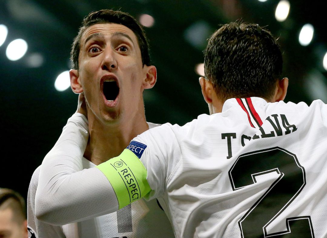 Di María celebra uno de los dos goles del París Saint Germain en Old Trafford Di María celebra uno de los dos goles del París Saint Germain en Old Trafford