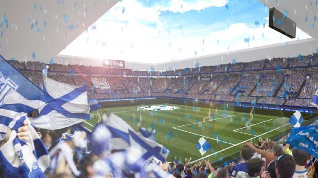 Una de las primeras simulaciones del campo de Mendizorroza que trasladó el Deportivo Alavés sobre el nuevo estadio Una de las primeras simulaciones del campo de Mendizorroza que trasladó el Deportivo Alavés sobre el nuevo estadio