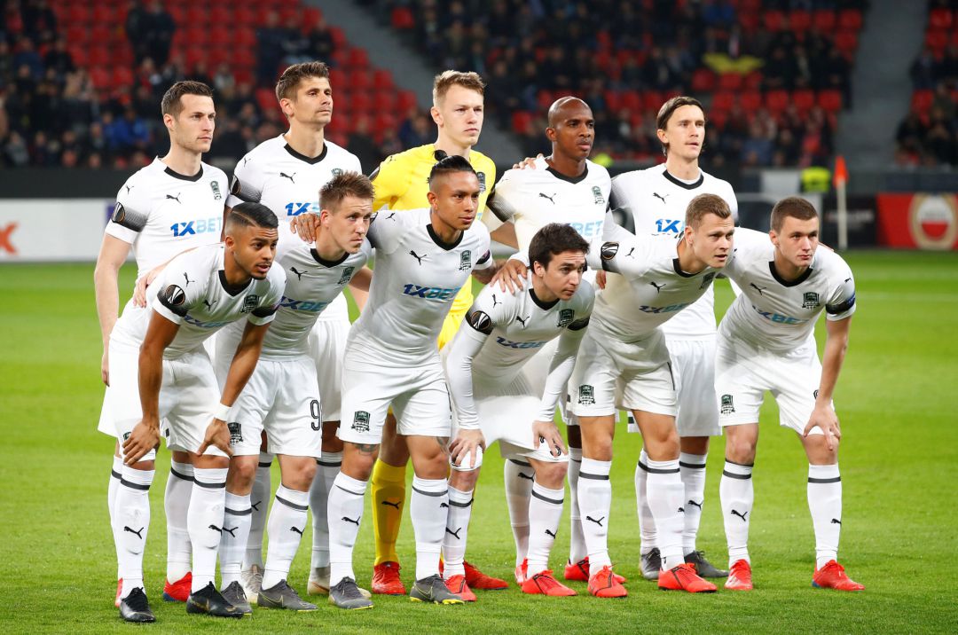 Soccer Football - Europa League - Round of 32 Second Leg - Bayer Leverkusen v Krasnodar - BayArena, Leverkusen, Germany - February 21, 2019 Krasnodar players pose for a team group photo before the match Soccer Football - Europa League - Round of 32 Second Leg - Bayer Leverkusen v Krasnodar - BayArena, Leverkusen, Germany - February 21, 2019 Krasnodar players pose for a team group photo before the match
