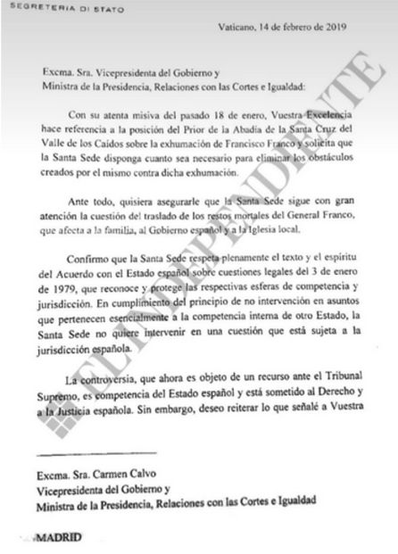 El Gobierno se niega a difundir íntegra la carta que le envió el Vaticano sobre la exhumación de Franco El Gobierno se niega a difundir íntegra la carta que le envió el Vaticano sobre la exhumación de Franco