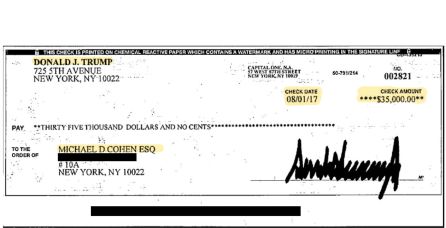 El cheque de $35.000 con el que, según Michael Cohen, Donald Trump compró el silencio de la actriz porno Stormy Daniels. El cheque de $35.000 con el que, según Michael Cohen, Donald Trump compró el silencio de la actriz porno Stormy Daniels.