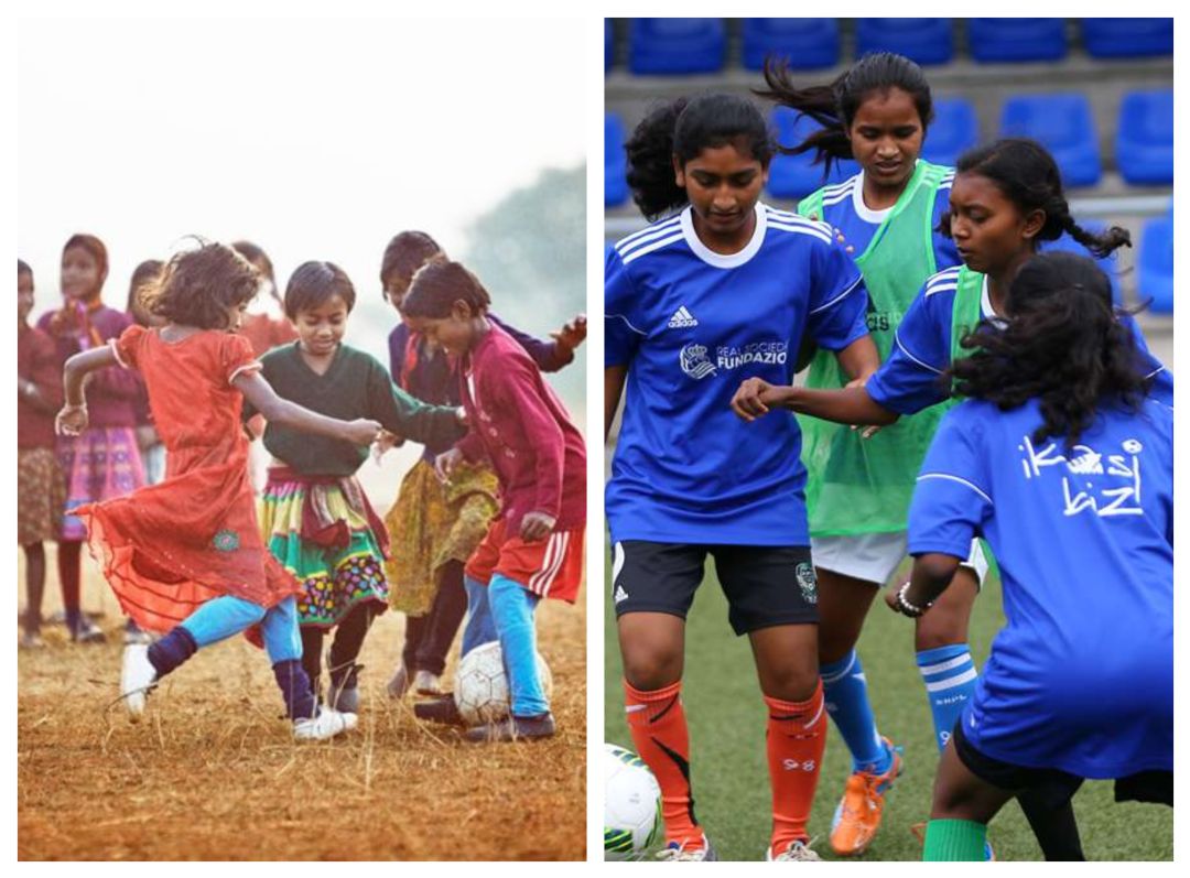 En una imagen niñas jugando al futbol en India y en la otra en las instalaciones de la Real Sociedad en Zubieta En una imagen niñas jugando al futbol en India y en la otra en las instalaciones de la Real Sociedad en Zubieta