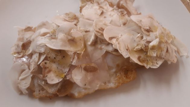 Huevo de oca frito con papada y champiñón laminado. Huevo de oca frito con papada y champiñón laminado.