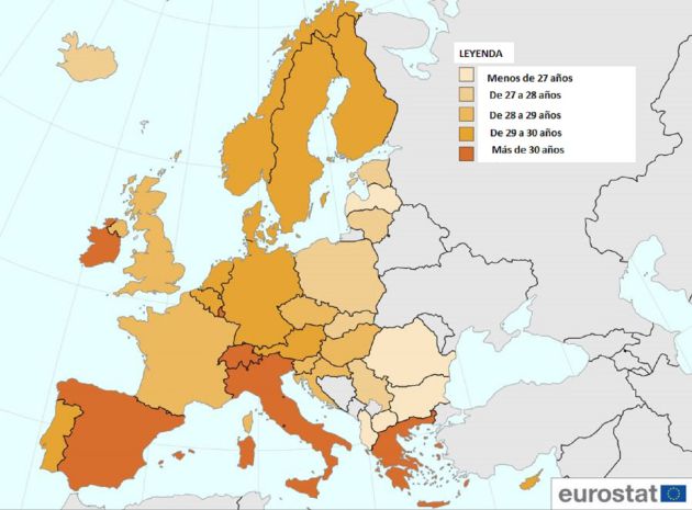 Edad media a la que las mujeres son madres por primera vez (datos de Eurostat). Edad media a la que las mujeres son madres por primera vez (datos de Eurostat).