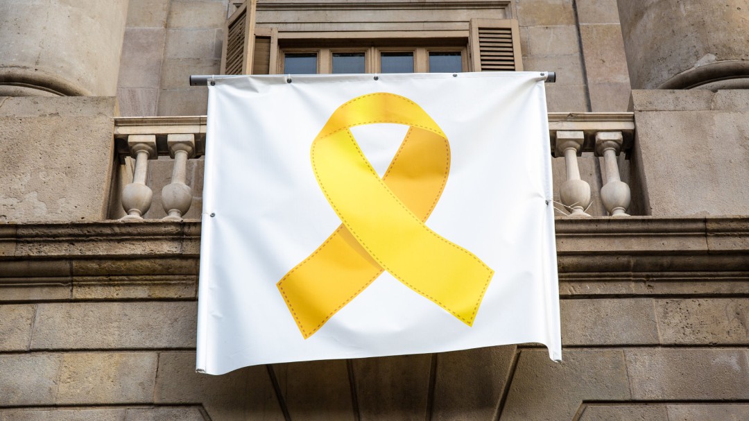 Un grupo de encapuchados descuelga el lazo amarillo del ayuntamiento de Barcelona