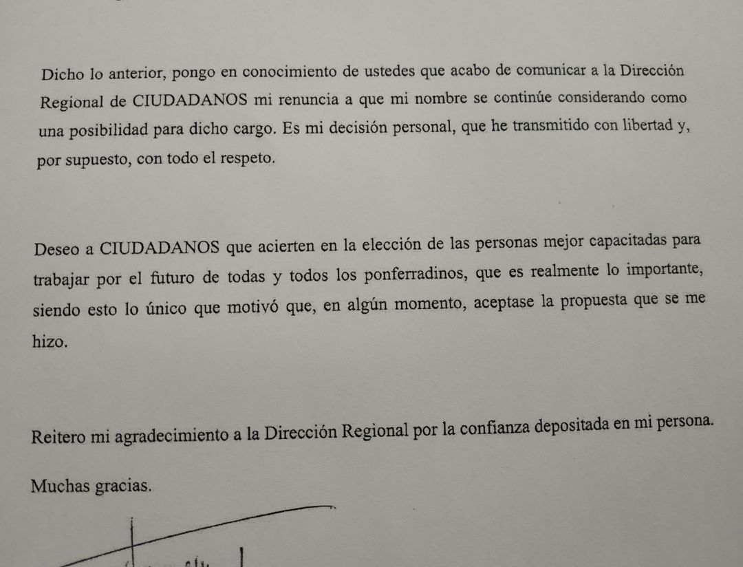 Carta de renuncia de Pablo Álvarez Carta de renuncia de Pablo Álvarez
