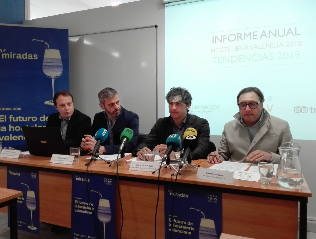 (De izqda. a dcha.) Fabricio Orlando de TripAdvisor, Rafael Casas de El Tenedor; Francesc Colomer Secretario Autonómico de Turismo, y José Espinar, Presidente de FEHV. (De izqda. a dcha.) Fabricio Orlando de TripAdvisor, Rafael Casas de El Tenedor; Francesc Colomer Secretario Autonómico de Turismo, y José Espinar, Presidente de FEHV.