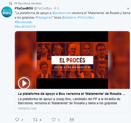 El tuit de la plataforma de apoyo a Bou que ha retuiteado el PP de Barcelona El tuit de la plataforma de apoyo a Bou que ha retuiteado el PP de Barcelona