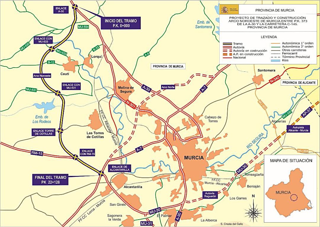 Mapa del proyecto de obras del Arco Noroeste y Arco Norte de Murcia. Mapa del proyecto de obras del Arco Noroeste y Arco Norte de Murcia.