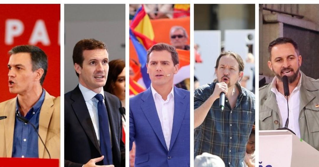 Pedro Sánchez (PSOE), Pablo Casado (PP), Albert Rivera (Cs), Pablo Iglesias (Unidas Podemos) y Santiago Abascal (Vox). Pedro Sánchez (PSOE), Pablo Casado (PP), Albert Rivera (Cs), Pablo Iglesias (Unidas Podemos) y Santiago Abascal (Vox).