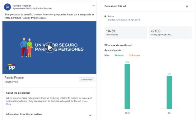 Anuncio del PP sobre pensiones en Facebook Anuncio del PP sobre pensiones en Facebook