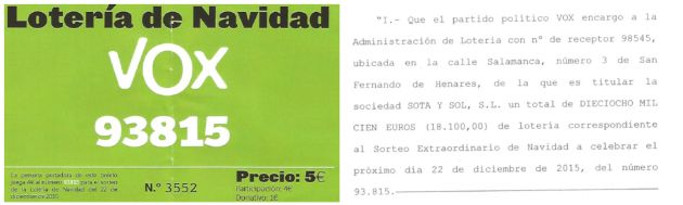 Papeleta vendida por Vox en 2015 y acta notarial presentada por el partido Papeleta vendida por Vox en 2015 y acta notarial presentada por el partido