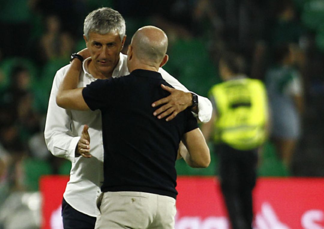 Paco López y Quique Setién en el Villamarín Paco López y Quique Setién en el Villamarín