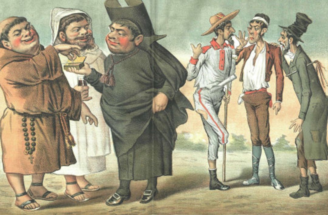 Ilustración satírica sobre el ayuno publicada en el periódico 'El Motín' que se publicaba en el siglo XIX. Ilustración satírica sobre el ayuno publicada en el periódico 'El Motín' que se publicaba en el siglo XIX.