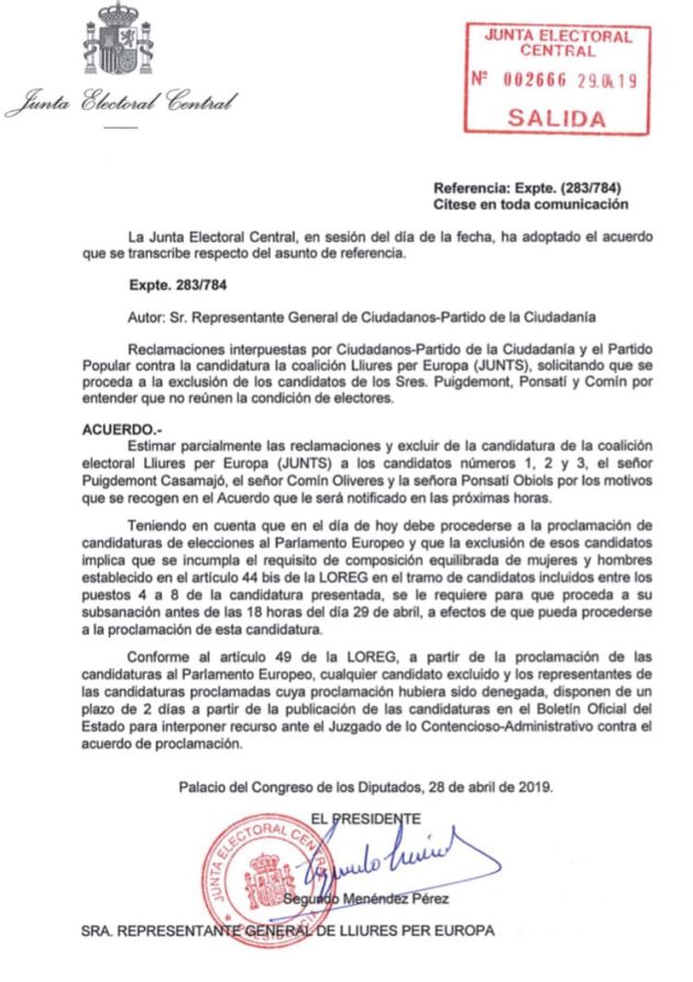 La resolución de la Junta Electoral Central. La resolución de la Junta Electoral Central.
