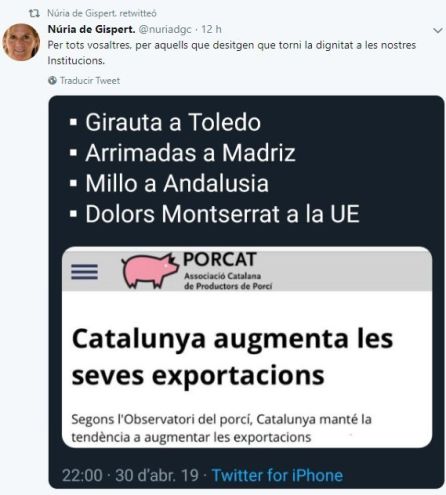 De Gispert reproduce un mensaje en Twitter que compara a miembros de PP y Cs con cerdos. De Gispert reproduce un mensaje en Twitter que compara a miembros de PP y Cs con cerdos.