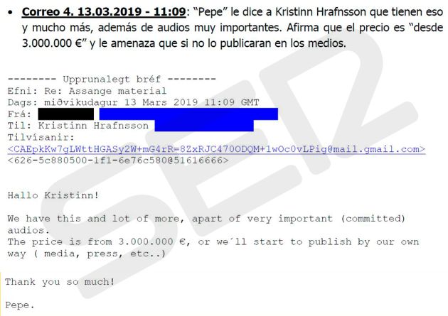 Los correos a los que ha tenido acceso la Cadena SER que desvelan la extorsión contra Julian Assange Los correos a los que ha tenido acceso la Cadena SER que desvelan la extorsión contra Julian Assange