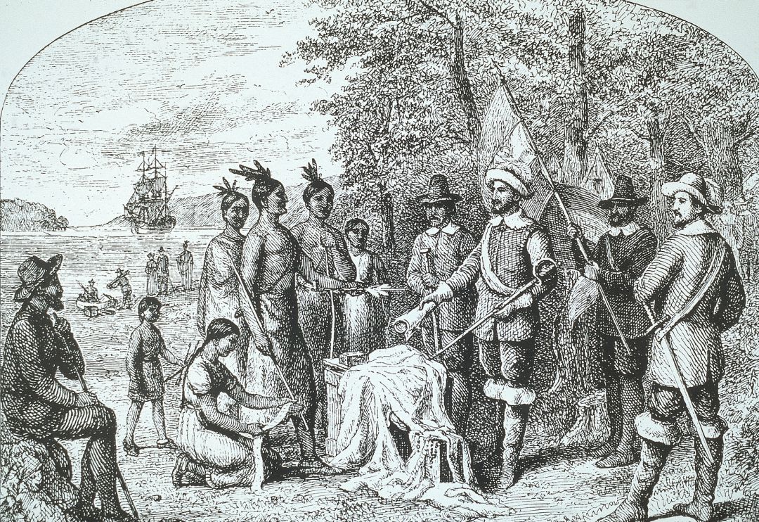 Peter Minuit durante la fraudulenta compra de Manhattan Peter Minuit durante la fraudulenta compra de Manhattan