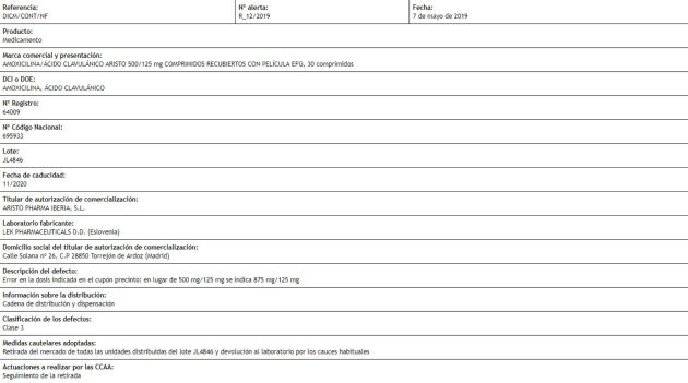 Alerta difundida por el Ministerio de Sanidad. Alerta difundida por el Ministerio de Sanidad.