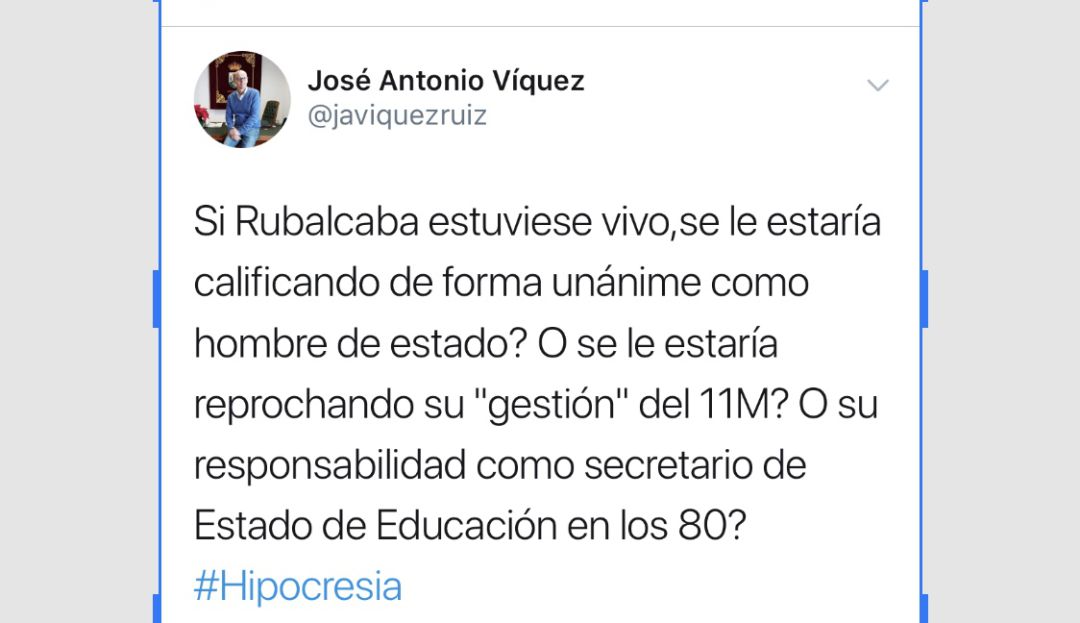 El tuit publicado este sábado por el alcalde de Yunquera (Málaga) del PP El tuit publicado este sábado por el alcalde de Yunquera (Málaga) del PP