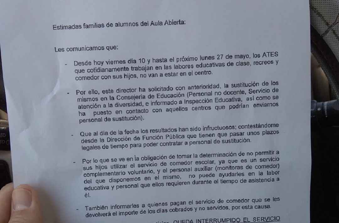 Detalle de la nota informativa entregada a los padres afectados Detalle de la nota informativa entregada a los padres afectados