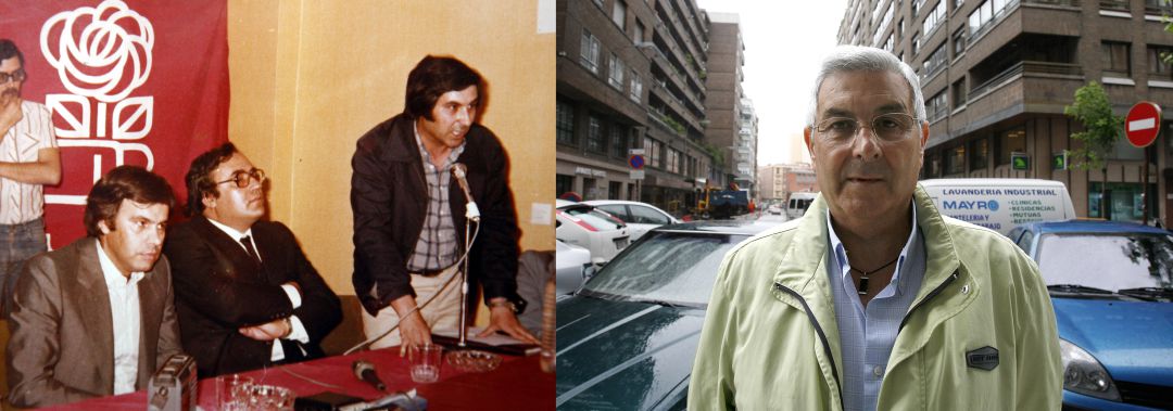 El entonces secretario regional de UGT en 1977, Alfonso Maroto, durante una intervención en la sede del PSOE de Valladolid en la calle General Ruiz, junto a Felipe González y Gregorio Peces Barba, en la imagen actual al fondo se puede ver la calle donde estaba la sede donde tuvo lugar el acto de la foto en 1977 El entonces secretario regional de UGT en 1977, Alfonso Maroto, durante una intervención en la sede del PSOE de Valladolid en la calle General Ruiz, junto a Felipe González y Gregorio Peces Barba, en la imagen actual al fondo se puede ver la calle donde estaba la sede donde tuvo lugar el acto de la foto en 1977