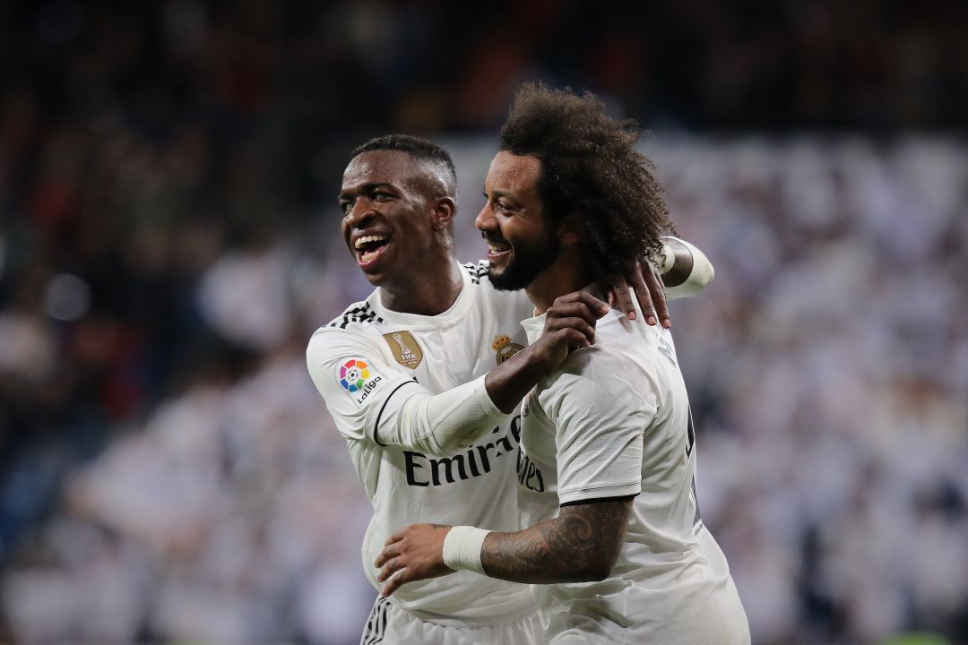 Vinicius Junior y Marcelo celebran un gol con el Real Madrid. Vinicius Junior y Marcelo celebran un gol con el Real Madrid.
