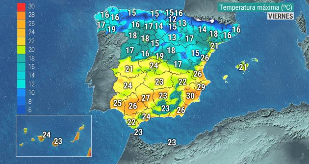 Temperaturas máximas previstas para este viernes. Temperaturas máximas previstas para este viernes.