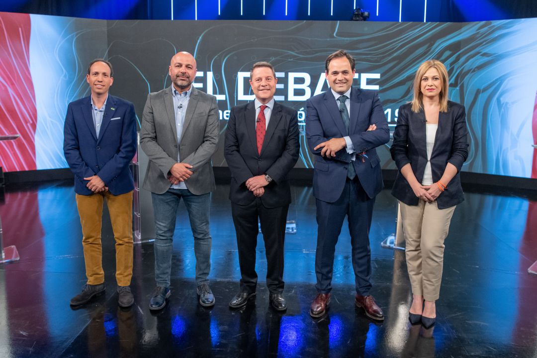 Daniel Arias (VOX), José García Molina (Unidas Podemos), Emiliano García-Page (PSOE), Francisco Núñez (PP) y Carmen Picazo (Ciudadanos) Daniel Arias (VOX), José García Molina (Unidas Podemos), Emiliano García-Page (PSOE), Francisco Núñez (PP) y Carmen Picazo (Ciudadanos)