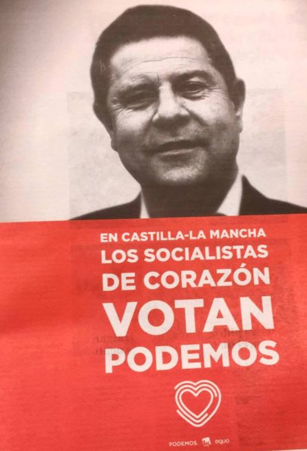 Cartel electoral de Unidas Podemos en Castilla-La Mancha con la cara de Emiliano García-Page. Cartel electoral de Unidas Podemos en Castilla-La Mancha con la cara de Emiliano García-Page.