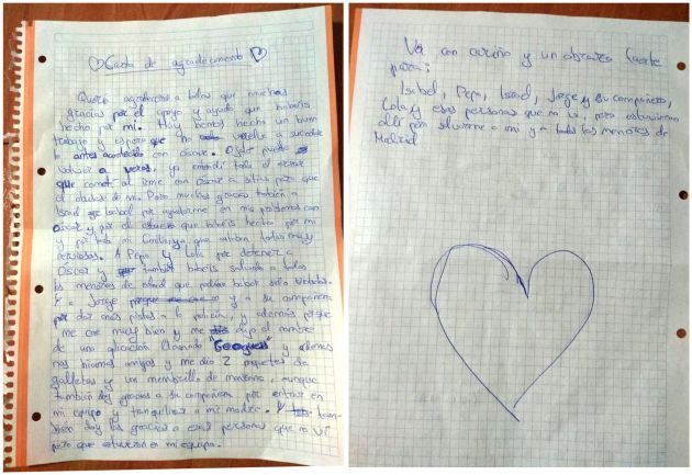 Fotografía facilitada por la Policía Nacional. En la imagen, una carta que envió el menor a los agentes dándoles las gracias de manera personalizada y destacando el hecho de que "estuvieran allí para salvarme a mí y a todos los menores de Madrid". Fotografía facilitada por la Policía Nacional. En la imagen, una carta que envió el menor a los agentes dándoles las gracias de manera personalizada y destacando el hecho de que "estuvieran allí para salvarme a mí y a todos los menores de Madrid".