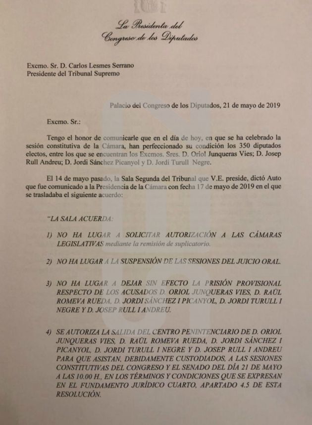 La carta enviada por Meritxell Batet a Carlos Lesmes. La carta enviada por Meritxell Batet a Carlos Lesmes.