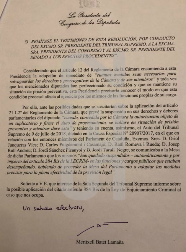 La carta enviada por Meritxell Batet a Carlos Lesmes. La carta enviada por Meritxell Batet a Carlos Lesmes.